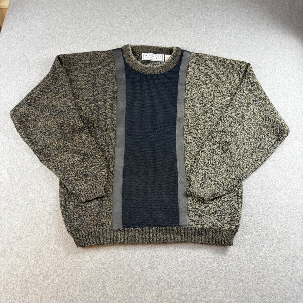 Vintage Michael Gerald Mens Large Marled Knit Sweater Faux Leather Trim Brown